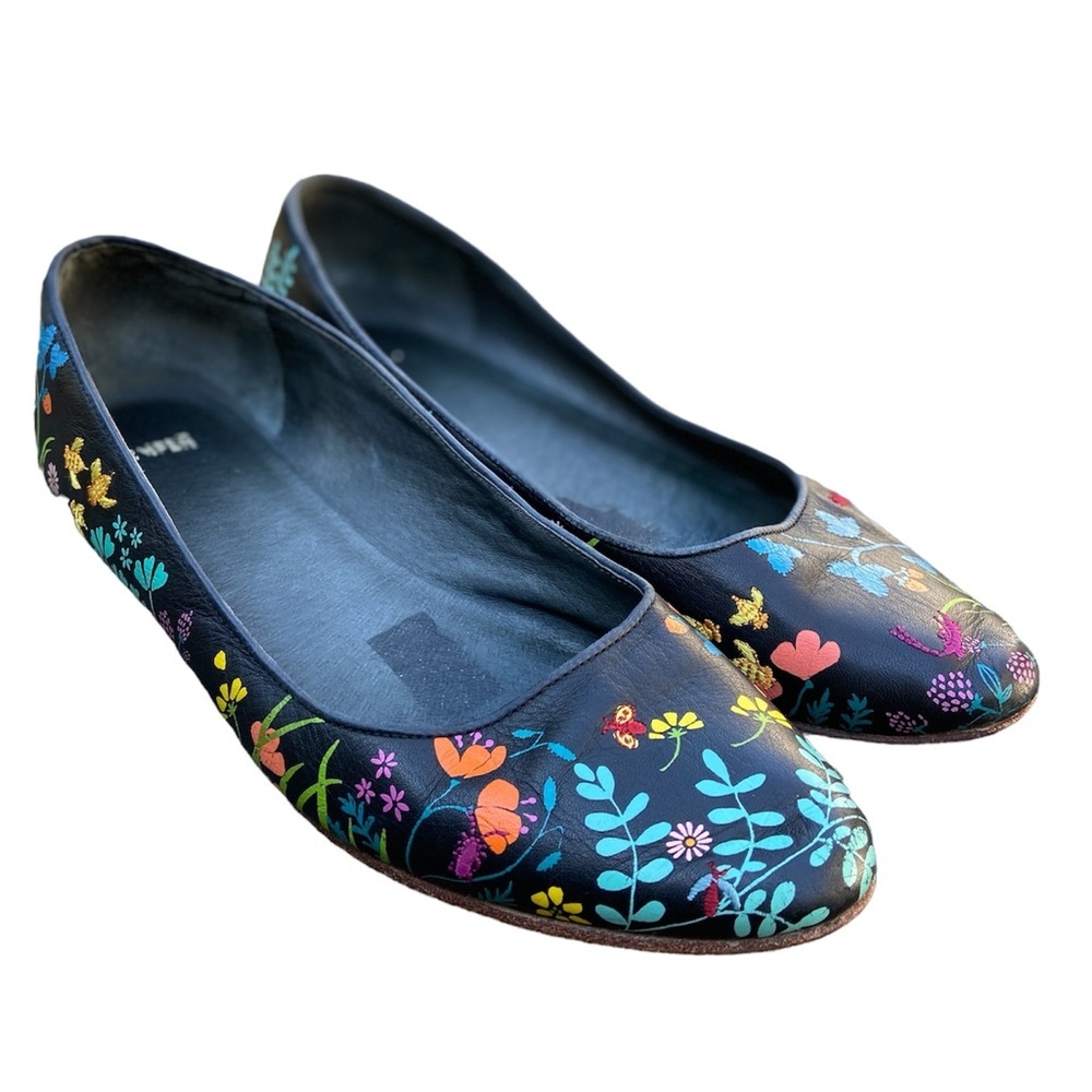 Camper Women's Floral Flats - Multicolour Print with Embroidery Accents on Black